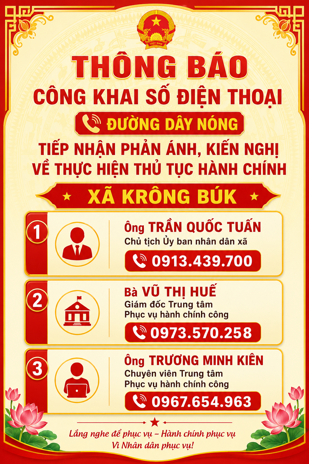 THÔNG BÁO CÔNG KHAI SỐ ĐIỆN THOẠI ĐƯỜNG DÂY NÓNG TIẾP NHẬN PHẢN ÁNH, KIẾN NGHỊ VỀ THỰC HIỆN THỦ TỤC HÀNH CHÍNH XÃ KRÔNG BÚK